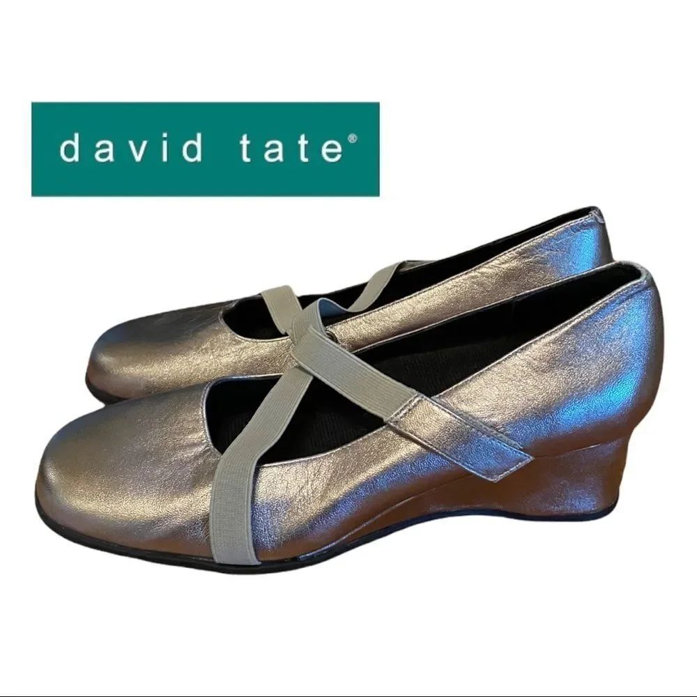 David Tate Women's Metallic Leather Wedge Criss Cross Strap Shoes 6 6N